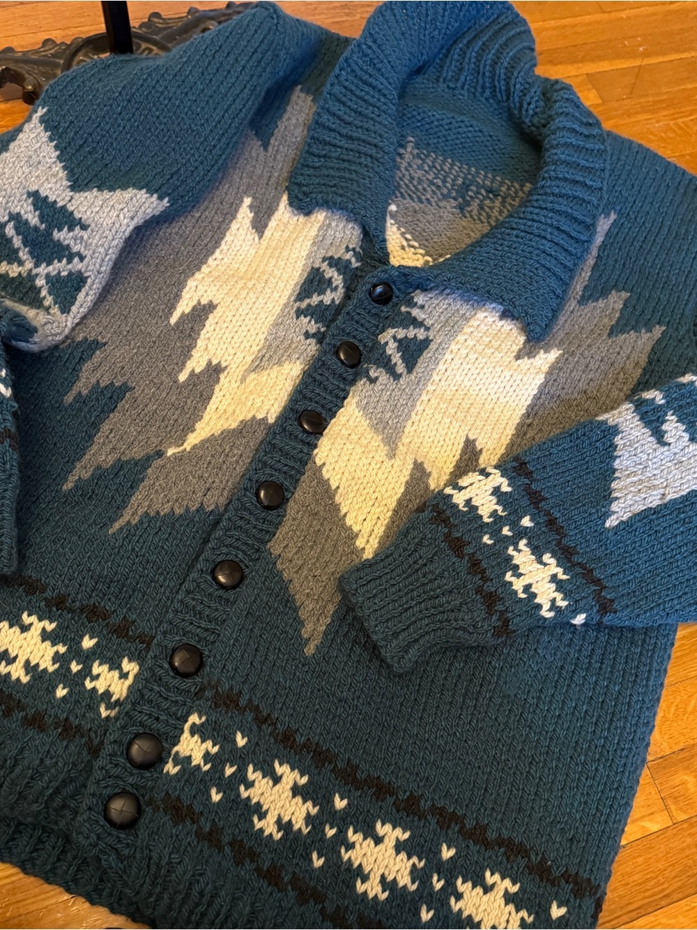 Teal Patterned Shawl Collar Button-Up Men's Sweater